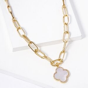 White Gold Dipped Quatrefoil Clover Chain Necklace PaperClip Link Pendant
